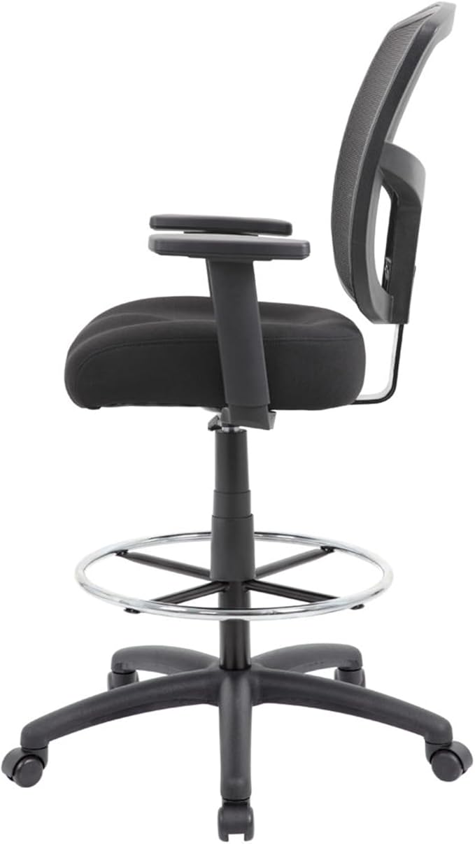 Benzara MEA Drafting Stool Chair, Adjustable Arms, Black Mesh, Chrome Footring