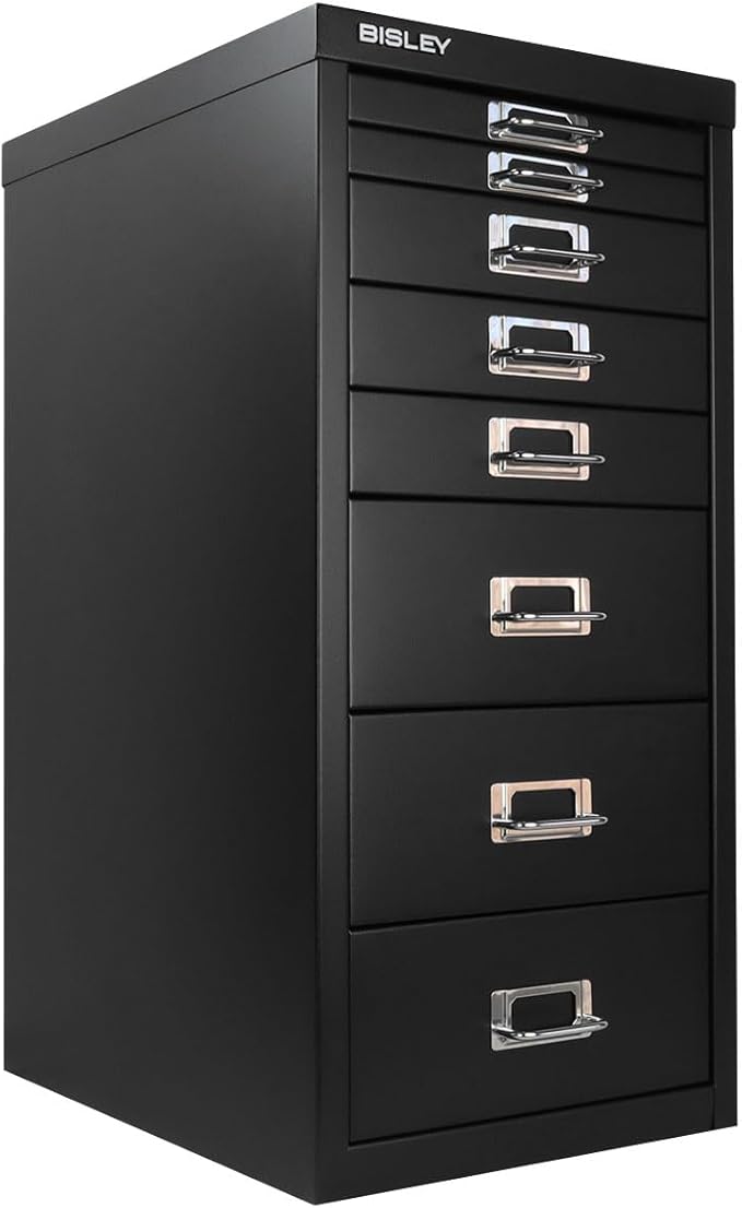 Bisley 8-Drawer Steel MultiDrawer Cabinet - Black, Chrome Pull Handles with Label Holders, Powder-Coated Steel, Removable Drawers, Fits Under Most Desks, Labels Included