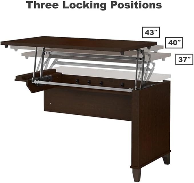 Pemberly Row Sit to Stand L Shaped Desk with Hutch and Bookcase, Cherry Finish, 72W x 24D Office Desk, Adjustable Height Return, 5 Shelf Bookcase, Ergonomic Workspace for Home Office Use