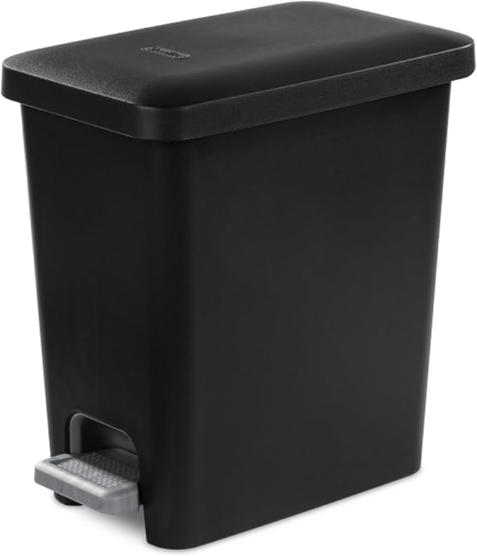 Sterilite 2.7 Gallon Rectangular Step On Kitchen Trash Bin Plastic Indoor Wastebasket with Removable Liner and Bag Holding Feature, Black (4 Pack)