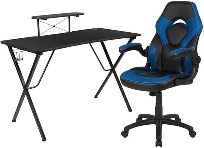 BOWERY HILL 2 Piece Gaming Desk Set, Black Laminate Desk with Blue Mesh Gaming Chair, Ergonomic Design, Cable Management, Monitor Stand, Cup Holder and Headset Hook, Contemporary Gaming Setup