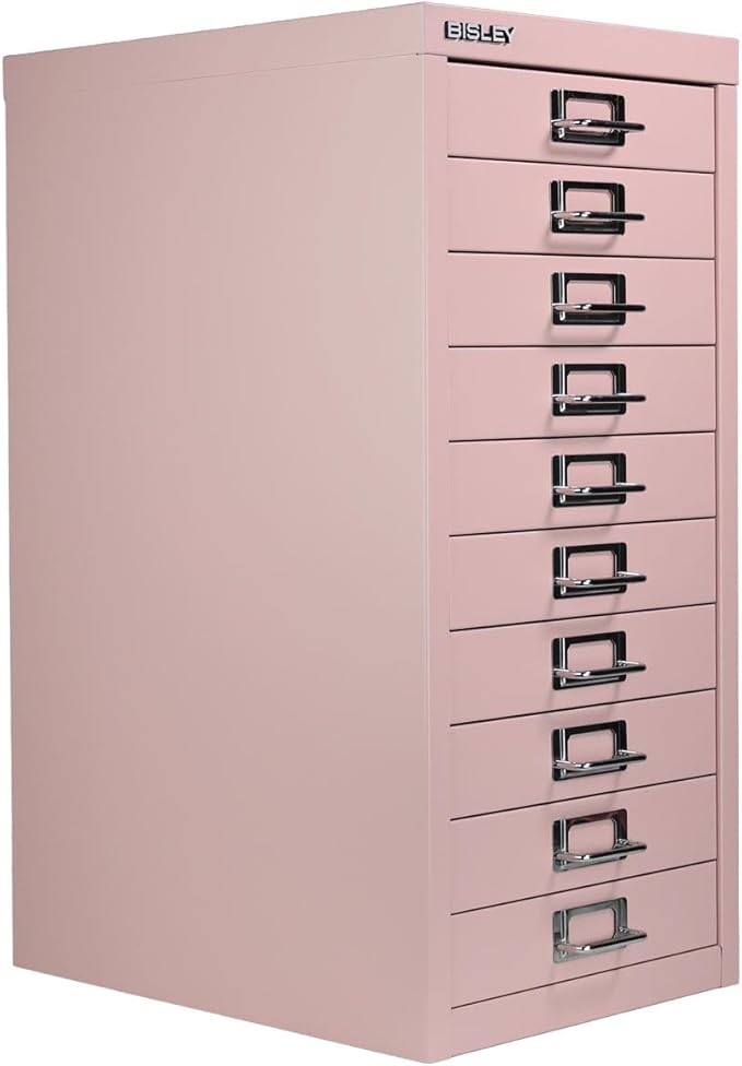 Bisley 10-Drawer Steel MultiDrawer Cabinet - Palest Pink, Chrome Pull Handles with Label Holders, Powder-Coated Steel, Removable Drawers, Fits Under Most Desks, Labels Included