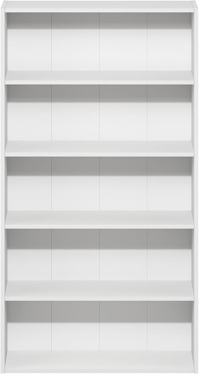Furinno Basic Book Shelf, 5-Tier Bookshelf, Storage Organizer Bookcase with Open Shelf, 7 x 24 x 44, for Living Room, Bedroom, Home Office, White