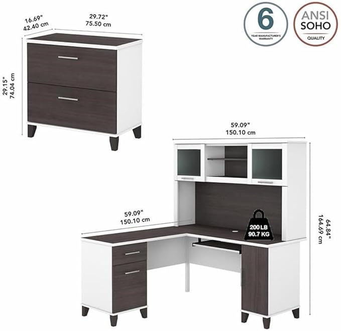Pemberly Row 60W L Shaped Desk with Hutch and File Cabinet, Engineered Wood, White/Gray Finish, Frosted Glass Doors, Keyboard Tray, Storage Drawers, Home Office Furniture Set