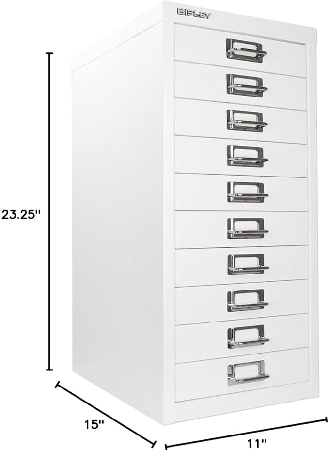 Bisley 10-Drawer Steel MultiDrawer Cabinet - Traffic White, Chrome Pull Handles with Label Holders, Powder-Coated Steel, Removable Drawers, Fits Under Most Desks, Labels Included