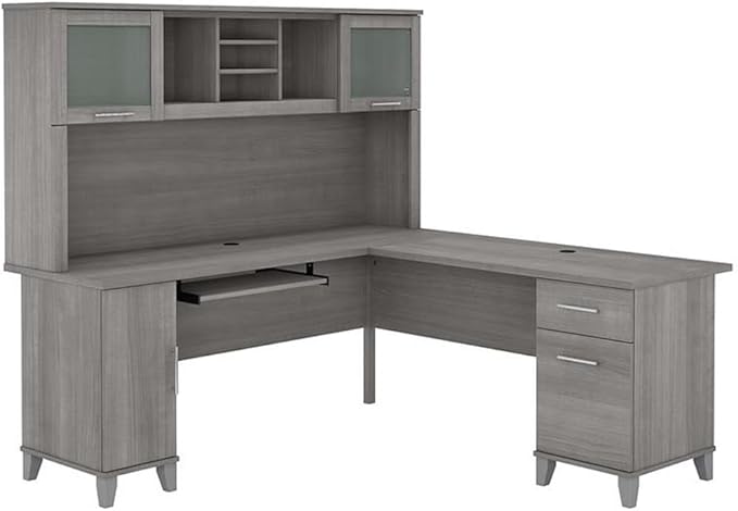 Bush Furniture UrbanPro 72W L Shaped Desk with Hutch in Platinum Gray - Engineered Wood