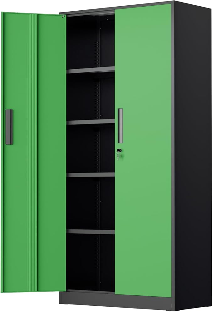 SUNCROWN 72" Metal Storage Cabinet - Heavy-Duty Metal Garage Cabinet with 4 Adjustable Shelves & 2 Doors for Tools, Office, Home, Workshop,Black & Green-Small
