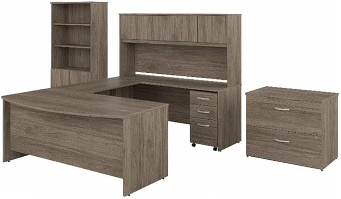 Bush Business Furniture Studio C 72W x 36D U Shaped Desk with Hutch, Bookcase and File Cabinets in Modern Hickory