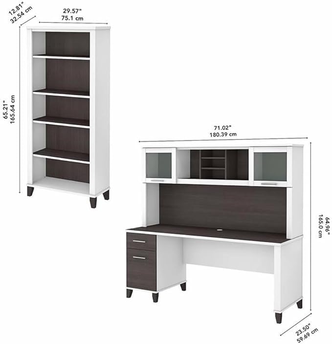Pemberly Row 72W Desk with Hutch and Bookcase, Engineered Wood, White/Gray Finish, Frosted Glass Doors, Adjustable Shelves, Wire Management, Home Office Furniture Set