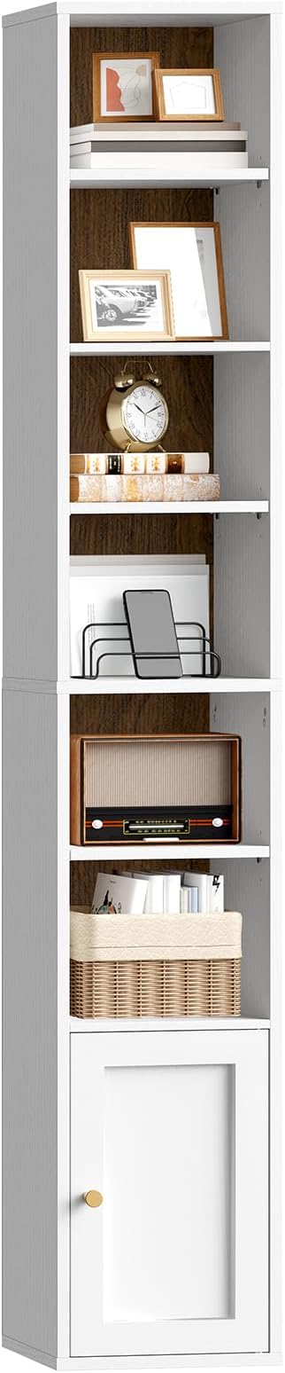 RALGEND 7-Tier Tall Narrow Bookshelf with Door Set of 3, 70.9 Inches CD DVD Slim Media Tower Rack with Storage Cabinet, Adjustable Shelves, Skinny Bookshelf Display Bookcase, White and Walnut