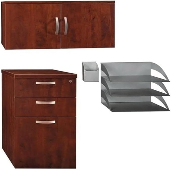 BOWERY HILL 3 Piece Mid-Century Modern Wood Storage Kit, Hansen Cherry Finish, Includes 3-Drawer File, Hutch, and Paper/Pencil Organizer, Lockable File with Casters, Durable Melamine Surfaces