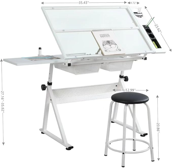 Adjustable Drawing Table for Artists | Drafting Desk with Tilted Glass Top | Art & Craft Table for Adults (White, Classic Pro-27.16''- 35.82'' H)