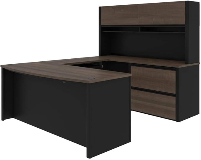 Bestar Connexion 72W U-Shaped Executive Desk with Lateral File Cabinet and Hutch in Antigua & Black