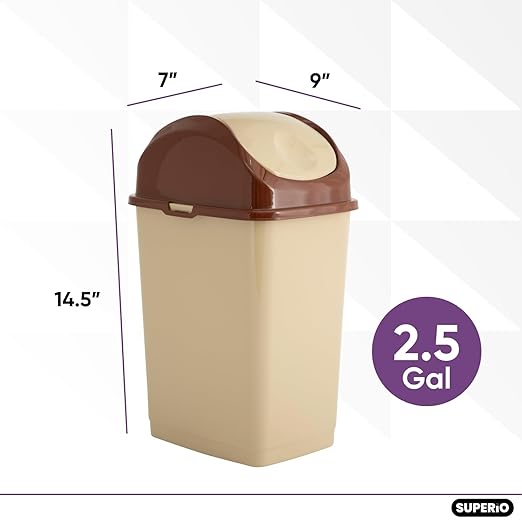 Superio Small 2.5 Gallon Plastic Trash Can with Swing Top Lid, Compact Slim Waste Bin for Under Desk, Office, Bedroom, Bathroom, Dorm Room, 10 Qt. Portable Garbage Can (Beige/Browm, 2 Pack)