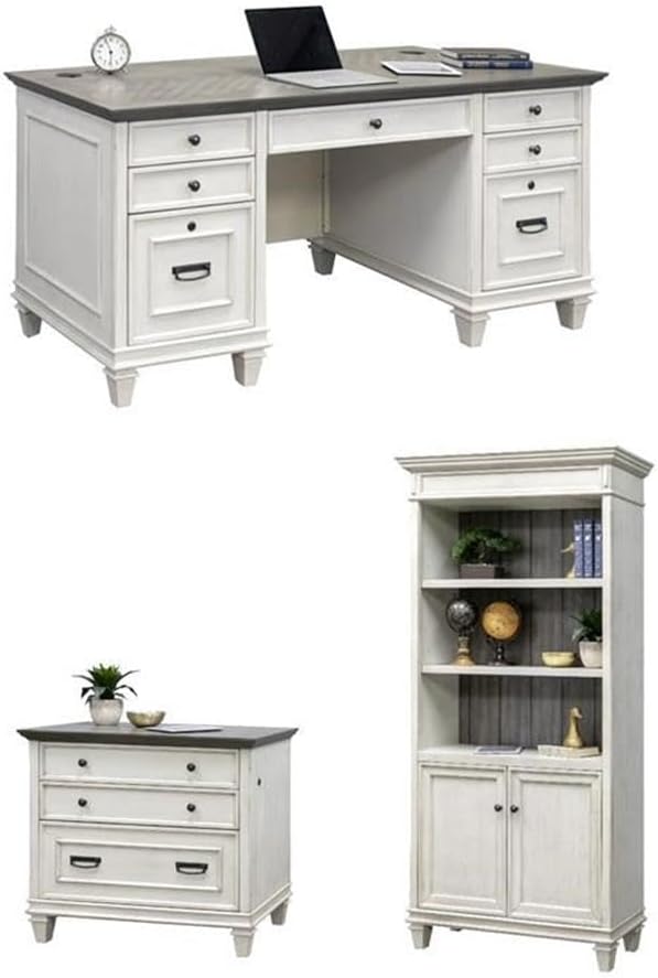 BOWERY HILL Set of 3 Double Pedestal Desk & Bookcase with Doors & File Cabinet