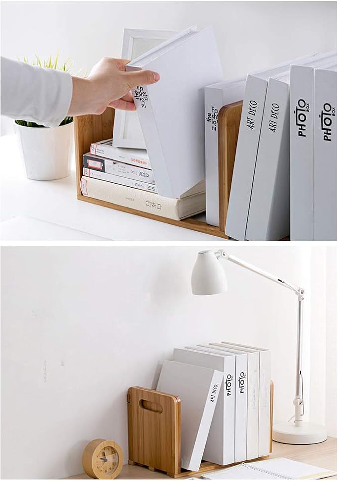 Bamboo Desktop Bookshelf Adjustable Storage Organizer Display Shelf Rack,Countertop Platforms, Book Stands Shelves