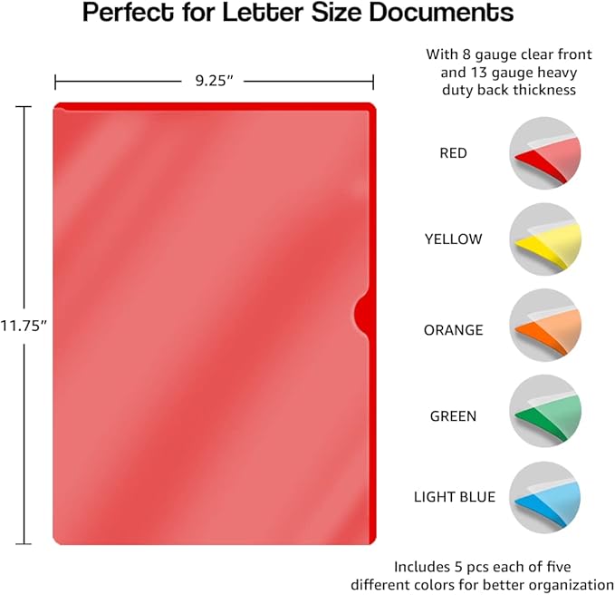 Doctor Stuff - 25 Pack L-Type Vinyl Plastic File Folders Letter Size, 5 Assorted Colors Pocket Project Folders Clear Front, Documents Holder for Home, High School, Office and Medical Files
