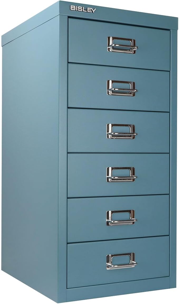 Bisley 6-Drawer Steel MultiDrawer Cabinet - Doulton Blue, Chrome Pull Handles with Label Holders, Powder-Coated Steel, Removable Drawers, Fits Under Most Desks, Labels Included