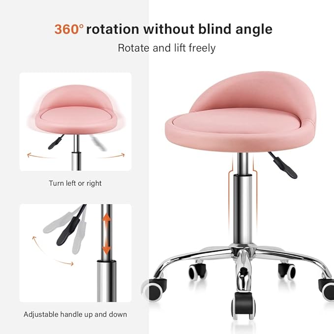 KKTONER PU Leather Round Rolling Stool with Back Rest Height Adjustable Swivel Drafting Work SPA Task Chair with Wheels Pink