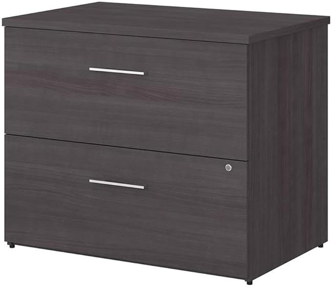 Pemberly Row Set of 2 L-Shaped Desk & Lateral File Cabinet in Storm Gray