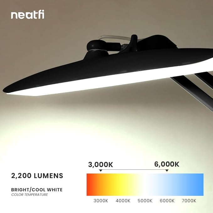 Neatfi XL 2200 Lumens 20W LED Desk Lamp with Clamp – Adjustable Color Temperature | 4-Level Dimmable Light | Home Office, Crafts & Workbench | 20-Inch Wide Head (Black, CCT with Clamp)