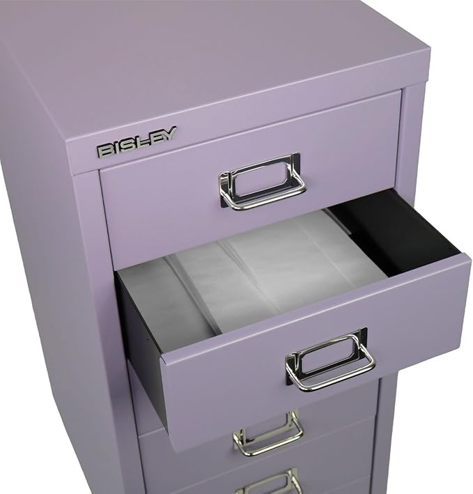 Bisley 6-Drawer Steel MultiDrawer Cabinet - Lilac, Chrome Pull Handles with Label Holders, Powder-Coated Steel, Removable Drawers, Fits Under Most Desks, Labels Included