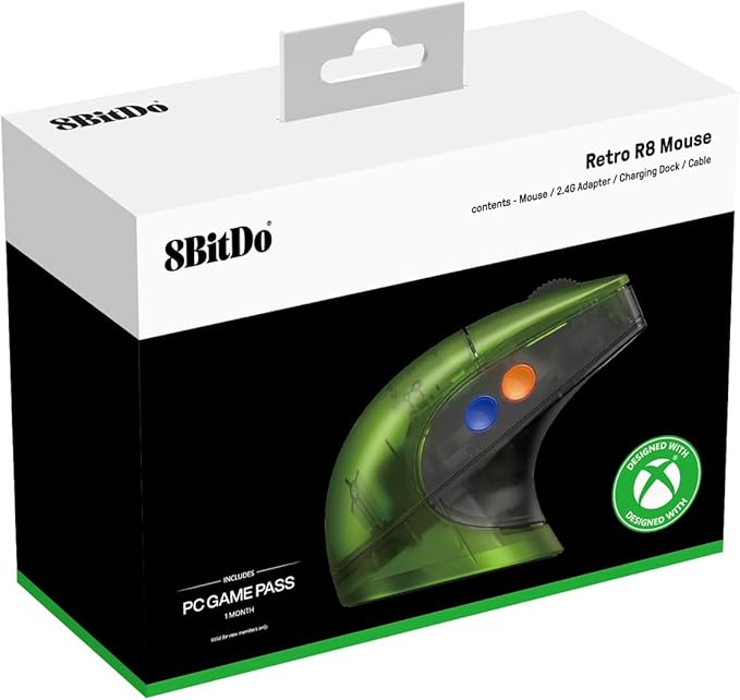 8Bitdo Retro R8 Mouse with Charging Dock, PAW 3395 Optical Sensor DPI 26K, 4K Polling Rate, Programmable Buttons, Kailh Sword GM X Micro Switches, Ambidextrous - Xbox Edition (Officially Licensed)
