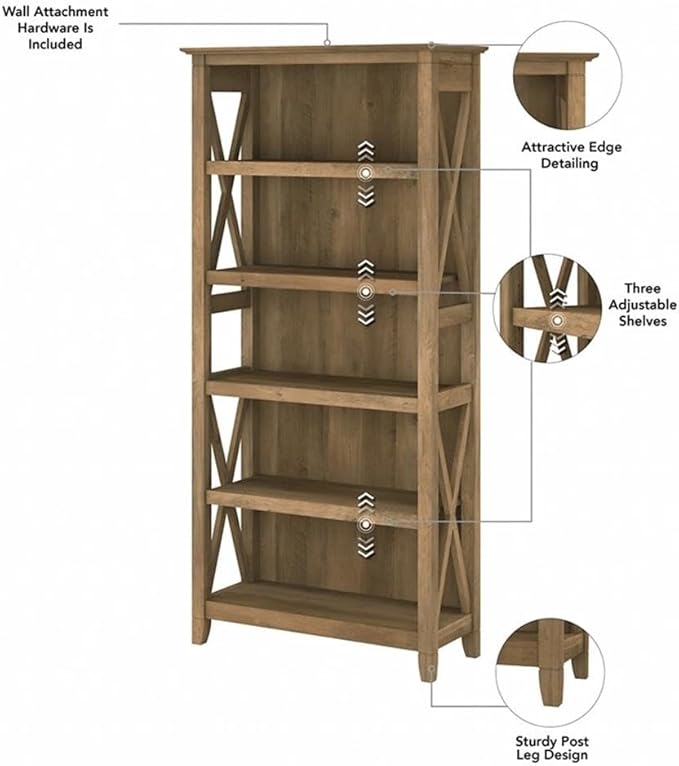 Pemberly Row 48W Desk with File Cabinet and 5 Shelf Bookcase, Pine Finish, Engineered Wood Office Set, Adjustable Shelves, Coastal Farmhouse Style, Home Office or Living Room Storage and Workspace