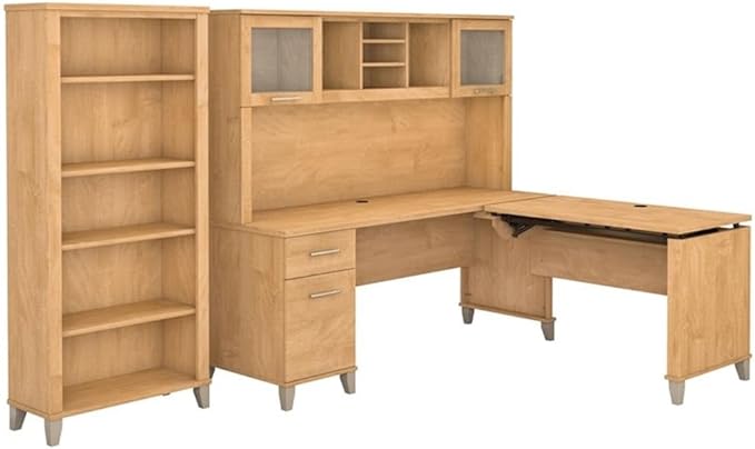 Scranton & Co Sit to Stand L-Shaped Desk, 72W Desk with Drawers, 42W Lift-n-Lock Return, Hutch with Frosted Glass Doors, 5-Shelf Bookcase, Maple Finish, Ergonomic Office Furniture Set