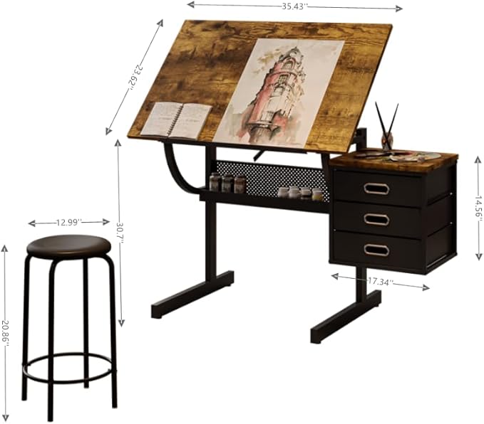 Drafting Table Art Table Adjustable Drawing Table Tilted Tabletop, Craft Table, with Storage Drawers and Stool, Crafting Desk with Storage for Painting Diamond Reading Writing Study (Black A)