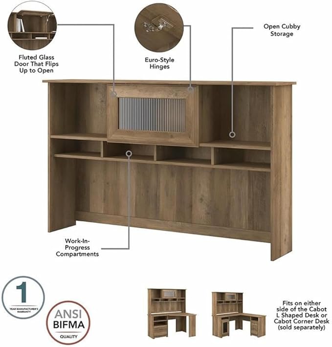 Scranton & Co Furniture Cabot L Computer Desk Set, Reclaimed Pine Finish, 60W L Shaped Desk with Hutch and 2 Drawer File Cabinet, Fluted Glass Doors, USB Hub, Home Office Storage Solution