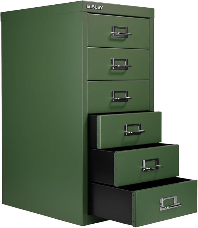 Bisley 6-Drawer Steel MultiDrawer Cabinet - Olive Green, Chrome Pull Handles with Label Holders, Powder-Coated Steel, Removable Drawers, Fits Under Most Desks, Labels Included