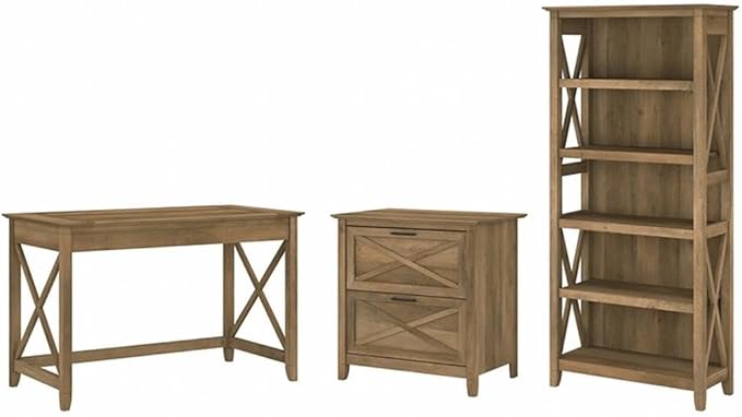 Bush Furniture Key West 48W Writing Desk with 2 Drawer Lateral File Cabinet and 5 Shelf Bookcase in Reclaimed Pine
