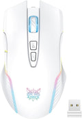 PHNIXGAM Rechargeable Wireless Gaming Mouse, Ergonomic RGB Computer Mouse with 2.4G Receiver, RGB Backlight, Adjustable DPI Up to 3600, 7 Buttons (Not Programmable) for Windows Vista Linux (White)