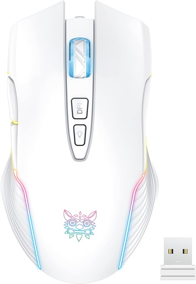 PHNIXGAM Rechargeable Wireless Gaming Mouse, Ergonomic RGB Computer Mouse with 2.4G Receiver, RGB Backlight, Adjustable DPI Up to 3600, 7 Buttons (Not Programmable) for Windows Vista Linux (White)