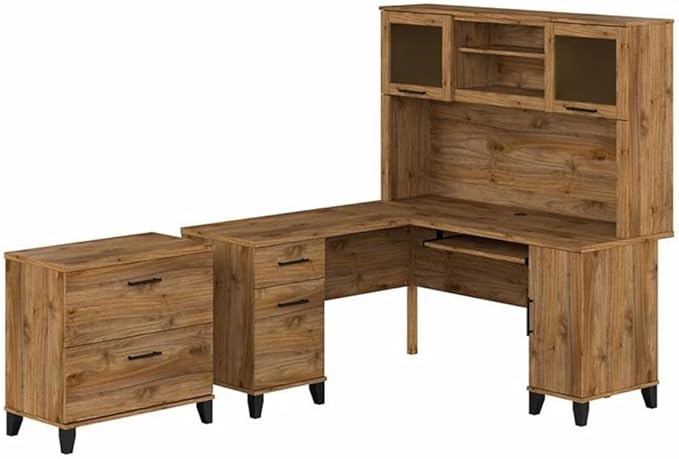 Pemberly Row 60W Engineered Wood L Shaped Desk with Hutch & File Cabinet, Fresh Walnut Finish, Frosted Glass Doors, Keyboard Tray, Legal/Letter File Storage, Home Office Furniture Set