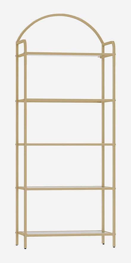 Hzuaneri Bookcase Bookshelf, Tempered Glass Bookshelves, Slim Shelving Unit for Bedroom, Bathroom, Home Office, Steel Frame, 5 Tier Gold BC21599G
