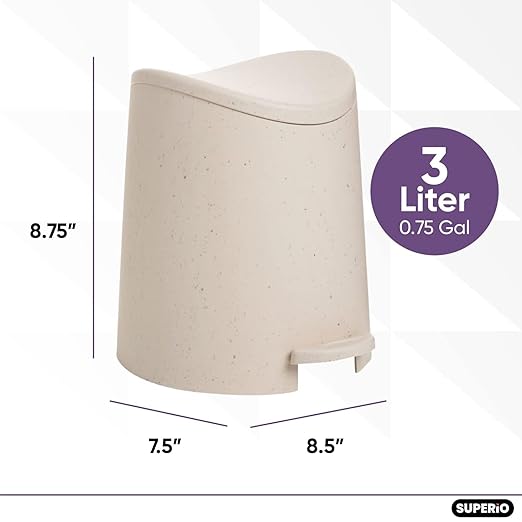 Superio Eco-Friendly Small Plastic Bathroom Trash Can with Lid 3 Liter Modern Curved Step On Trash Can with Foot Pedal, Mini Kitchen Waste Bin, Durable and Soft Close for Bedroom, Office, Under Desk