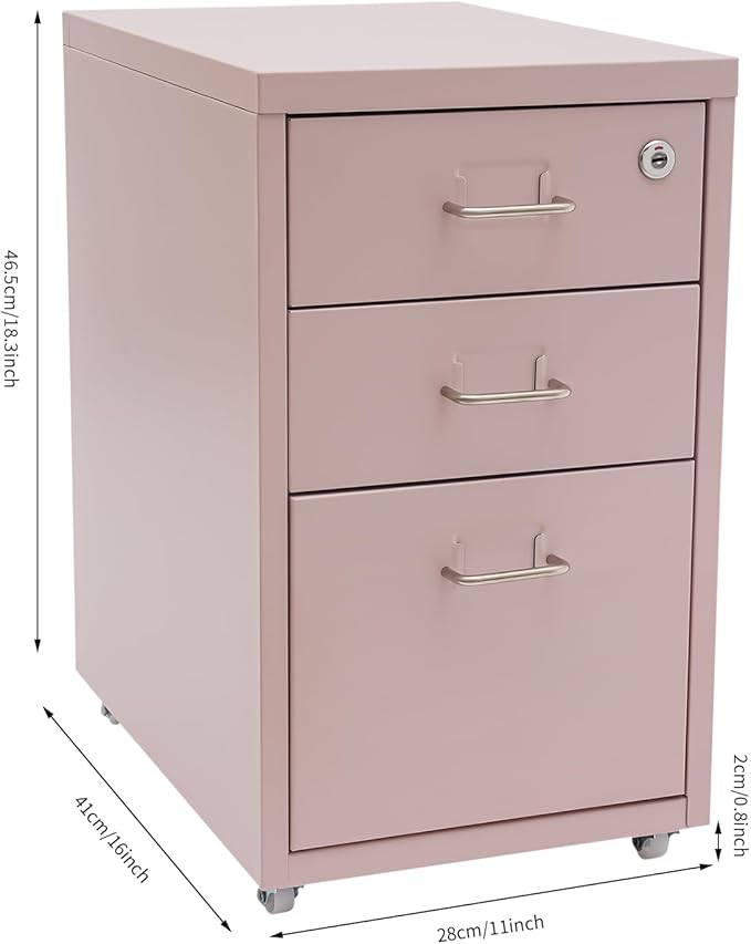 3-Drawer Metal File Cabinet, Mobile File Cabinet with Lock, Rolling Vertical Filing Drawers Under Desk for Home Office, 11 * 16 * 18.3in (Light Pink)