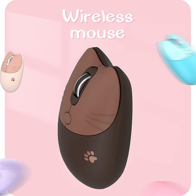 Lomiluskr Cute Cat Wireless Mouse, Lightweight Soundless Mice, 2.4G Wireless Mice, Candy Colors, Kawaii Mouse for Girls and Kids (Coffee)