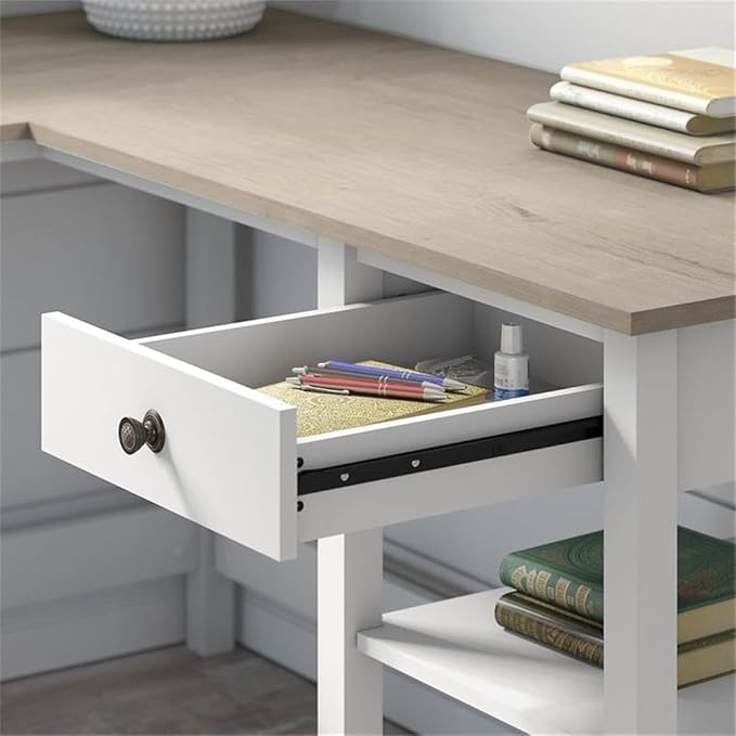 UrbanPro 60W L Shaped Computer Desk with Storage, Pure White and Shiplap Gray Finish, Desktop Organizer with Cubbies and Drawers, Modern Farmhouse Style Home Office Desk