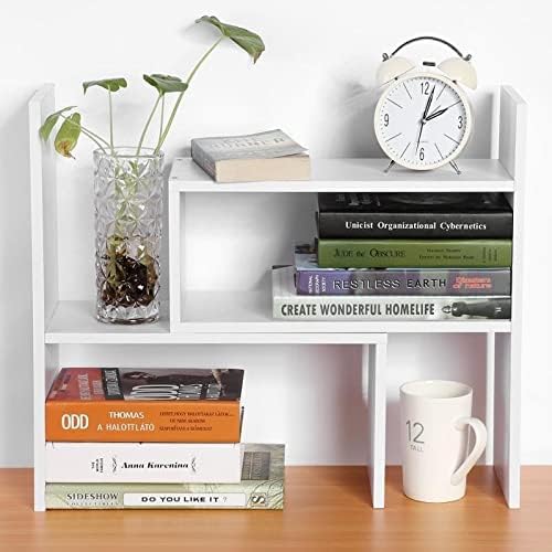 infini Desktop Bookshelf Desktop Shelf Office Storage Rack Desktop Bookshelf Wooden Adjustable Display Shelf Multifunctional Creative Small Bookshelf Organizer (White)