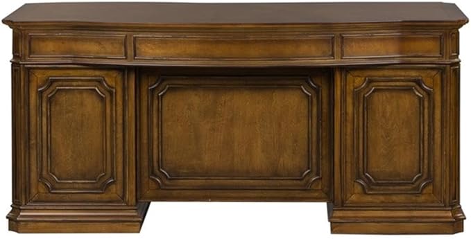 Pemberly Row Jr Executive Office Set, Medium Brown Finish, Antique Toffee Poplar & Birch Veneers, 5-Piece, Includes Desk, Credenza, Hutch, Adjustable Shelves, Touch LED Lighting, Wire Management