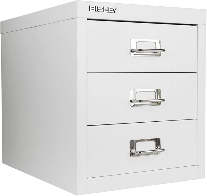 Bisley 3-Drawer Steel MultiDrawer Cabinet - Traffic White, Chrome Pull Handles with Label Holders, Powder-Coated Steel, Removable Drawers, Desktop Storage, Labels Included