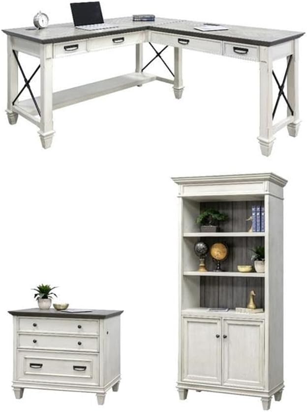 BOWERY HILL Set of 3 L-Shaped Desk & Bookcase with Doors & File Cabinet in White