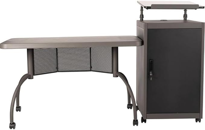 Pemberly Row Metal Teacher's WorkPod Desk and Lectern Kit, 41"H x 68"W x 24"D, Charcoal Finish, Adjustable Height, Locking Storage Cabinet, Mobile Casters, Stylish Office Furniture for Educational Use