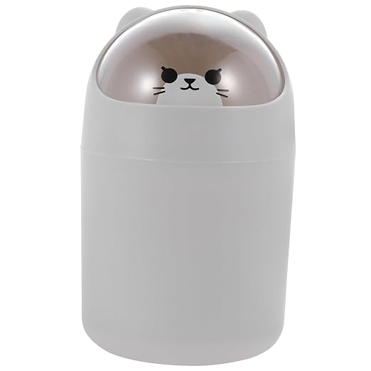 Cute Cartoon Bear Desktop Trash Can Lid Mini Plastic Waste Bin for Home Office Slim Design for Bedroom and Desk