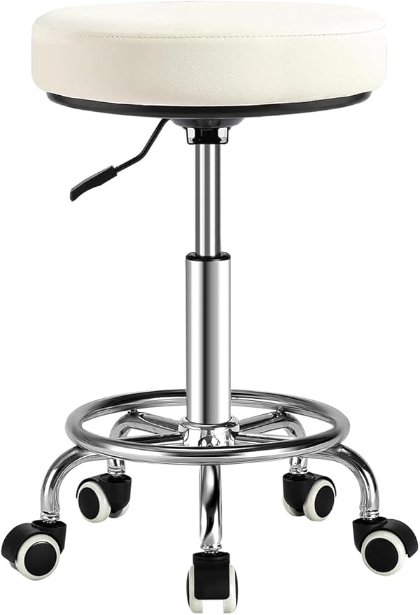 Adjustable Rolling Stool with Wheels - Ergonomic Salon & Tattoo Artist Chair, Office Stool with Comfortable PU Leather Seat, White