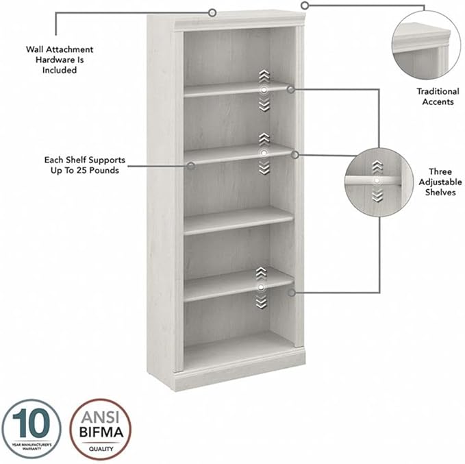 Bush Furniture Saratoga Executive Desk and Bookcase Set in Linen White Oak