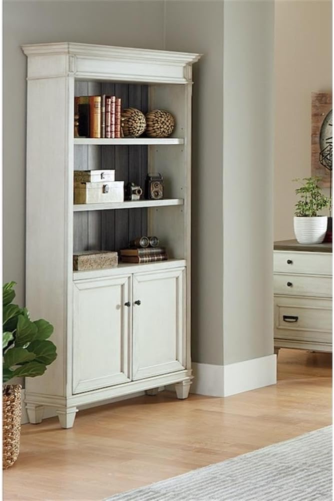 BOWERY HILL Set of 2 Wood Bookcase with Doors & Lateral Filing Cabinet in White